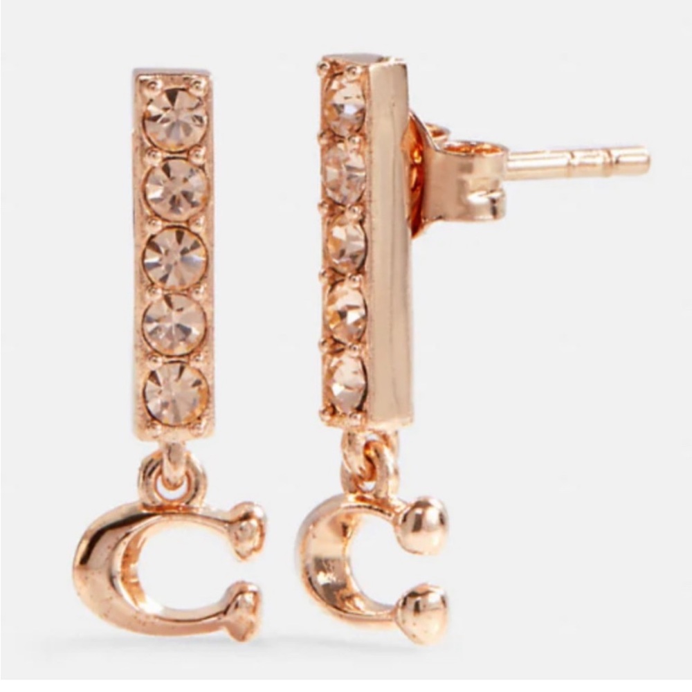 COACH Signature C Pave Bar Stud Earrings in Rose Gold - Picture 2 of 16